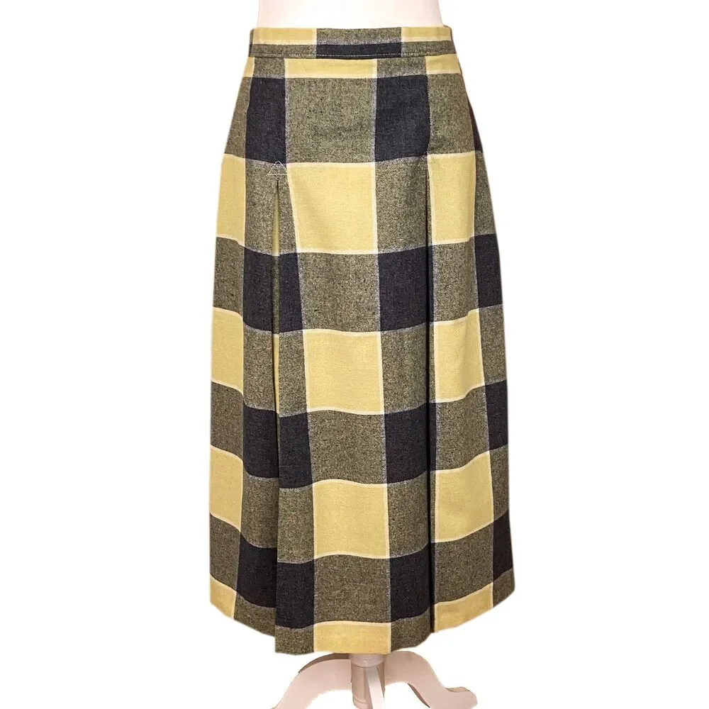 Vintage New Attitude Russ Togs Midi Skirt Sz 14 *Fits like 8* Yellow Black Plaid